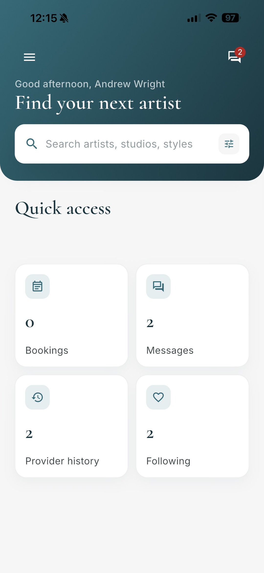 The Stylein1 app showing an artist’s work, prices and open times.
