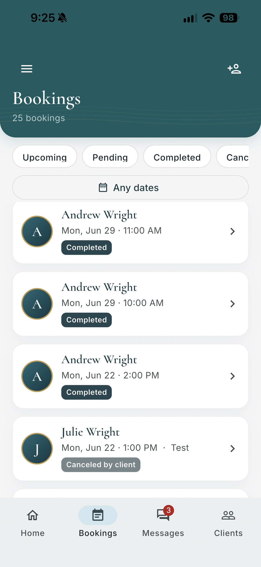 The Stylein1 app showing a provider’s bookings list.